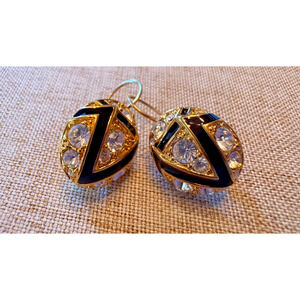 Vintage KJL Black Earrings Enamel Clear Crystal Gold Plated Pierced